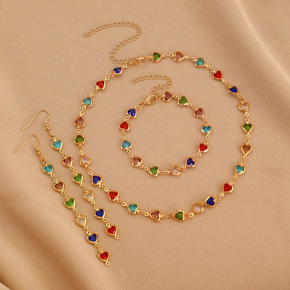 3Pcs Jewellery Set Elegant Colorful Crystal Heart Necklaces Bracelets Earrings for Women Party Wedding Girl Wrist Jewelry Gift