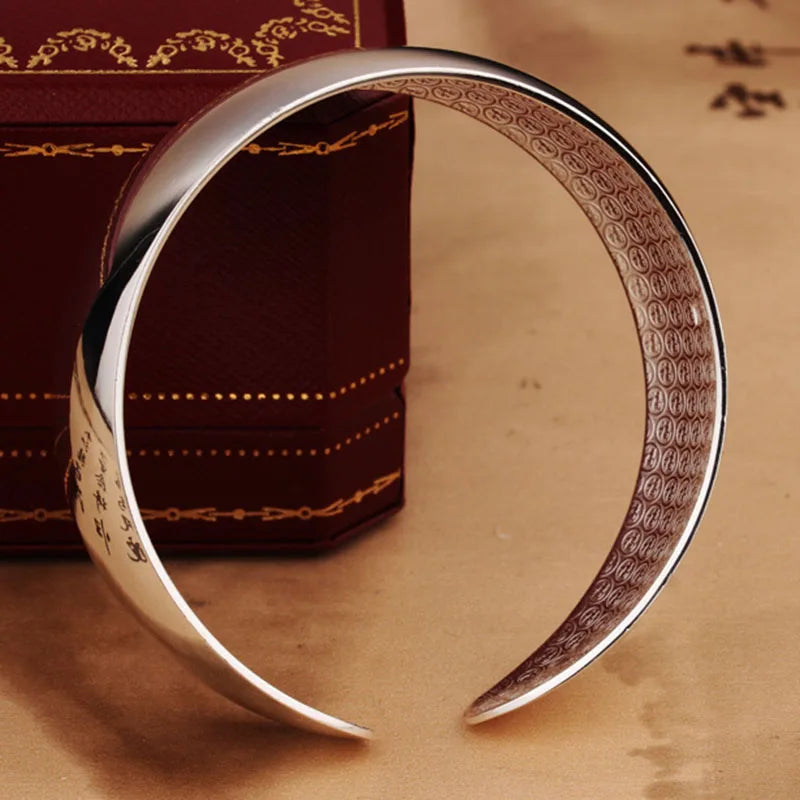 Simple Glossy Talisman 925 Silver Bracelet Women's Ethnic Style Fashion Wide Bracelet Open Stacked Jewelry