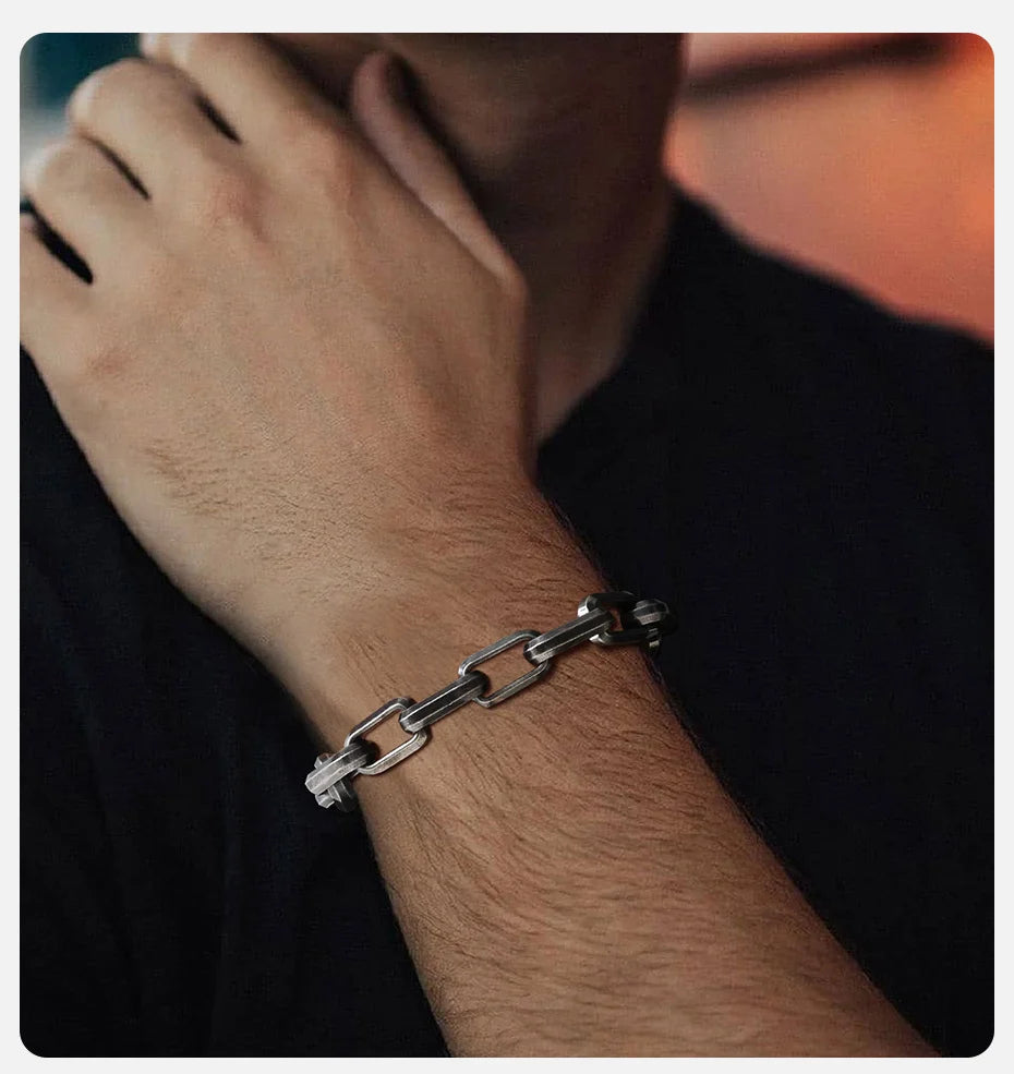 Vnox Punk Heavy Rectangular Link Chain Bracelets for Men Teens Boys, Vintage Oxidized Paperclip Chain Wristband, Chunky Jewelry