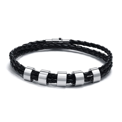Vnox Free Custom Name Mens Braided Genuine Leather Bracelet Gifts Jewelry,Stainless Steel Beads Charm with Family Names,Dad Gift
