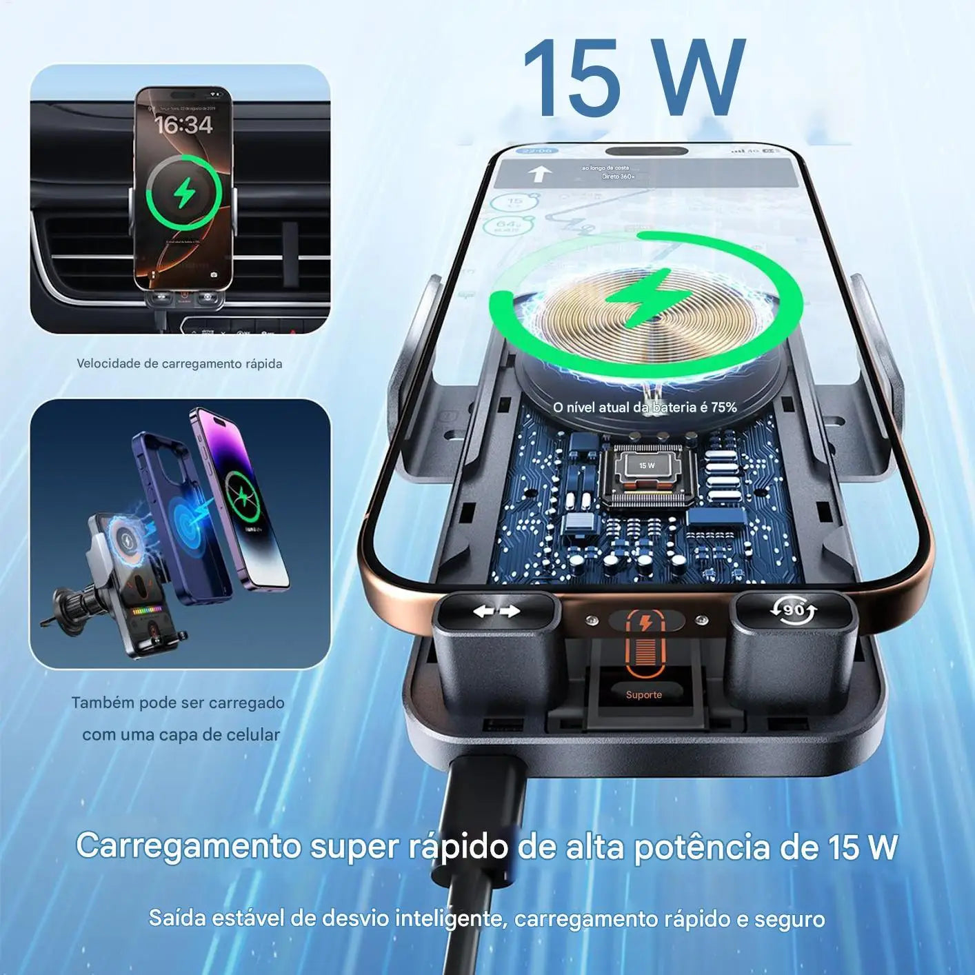 Car Air Vent Electric Rotating Opening Closing Phone Holder Fast Charging 15W Wireless Charger Dua l Coil RGB Light Smart Phones