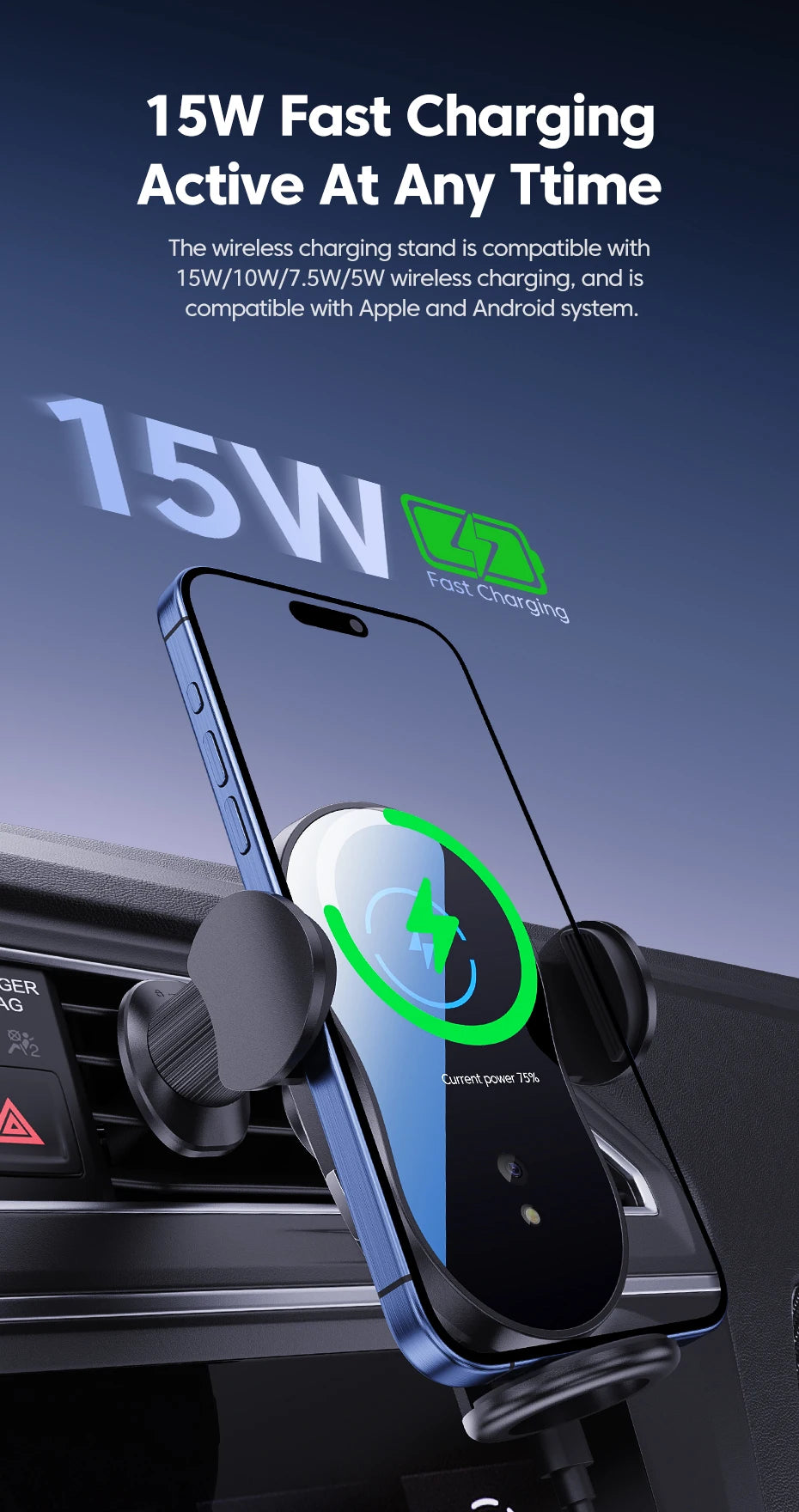 Wireless 15W Car Charger Air Vent Phone Holder 360 Ritation AdjustmentSuper Fast Charging Station for iPhone 16 15 14 13 12