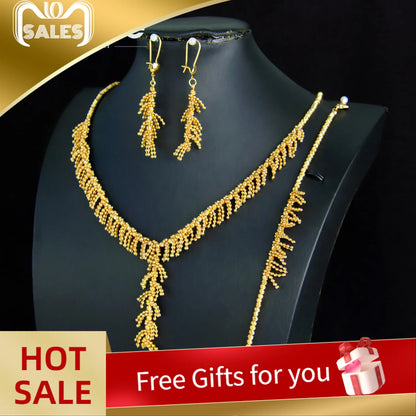 Gold Plated Tassel Wheat Necklace Set 21k Gold Color Saudi Chic Bohemian Choker Italian Women Wedding Party Jewelry