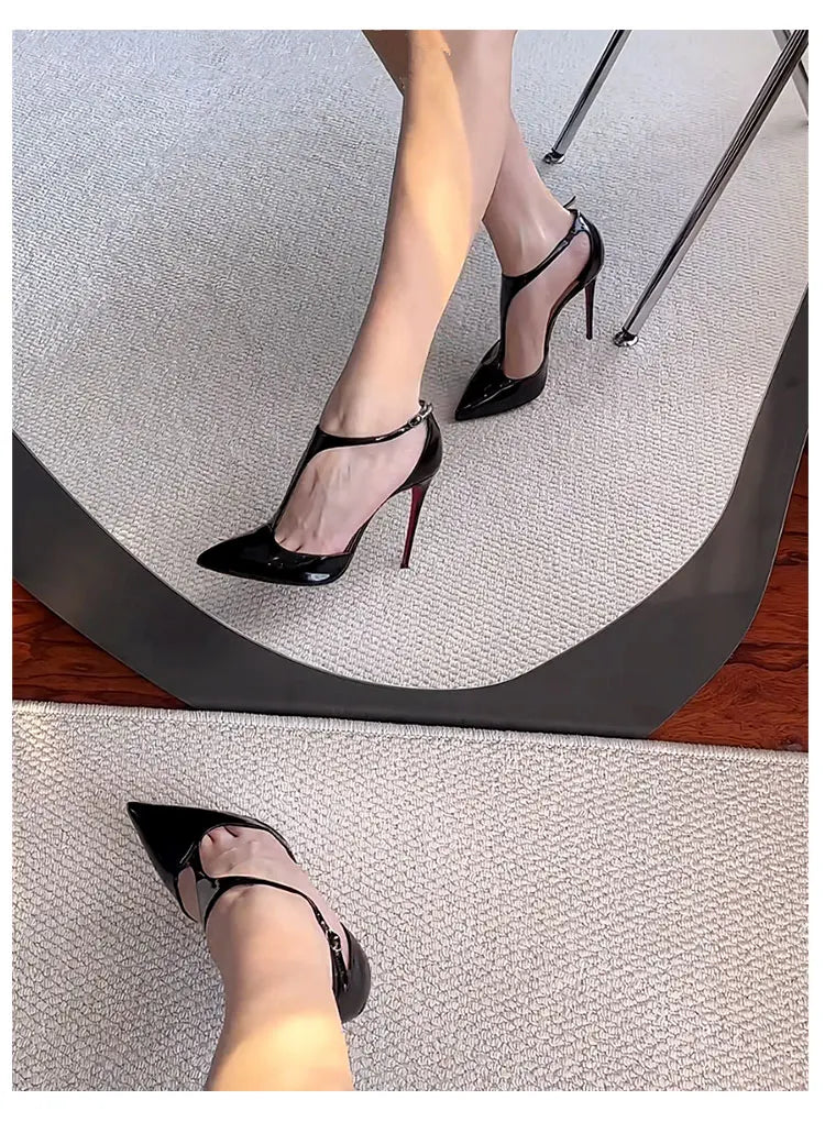 New T-shaped hollow high heels with toe caps, sandals with thin heels and pointed hollow out shallow mouth single shoes