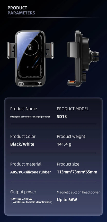 Car Phone Charger Phone Holder 66W Wireless & Wired Charger Auto Sensing One-Touch Release and Rotation Qi FCC ROHS Certified