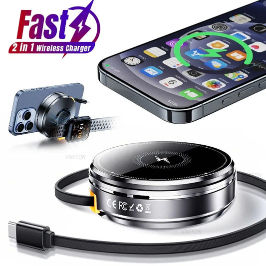3-in-1 Wireless Charger Zinc Alloy Portable Wireless Charger Retractable Cable Magnetic Wireless Charger Wireless Charger Stand