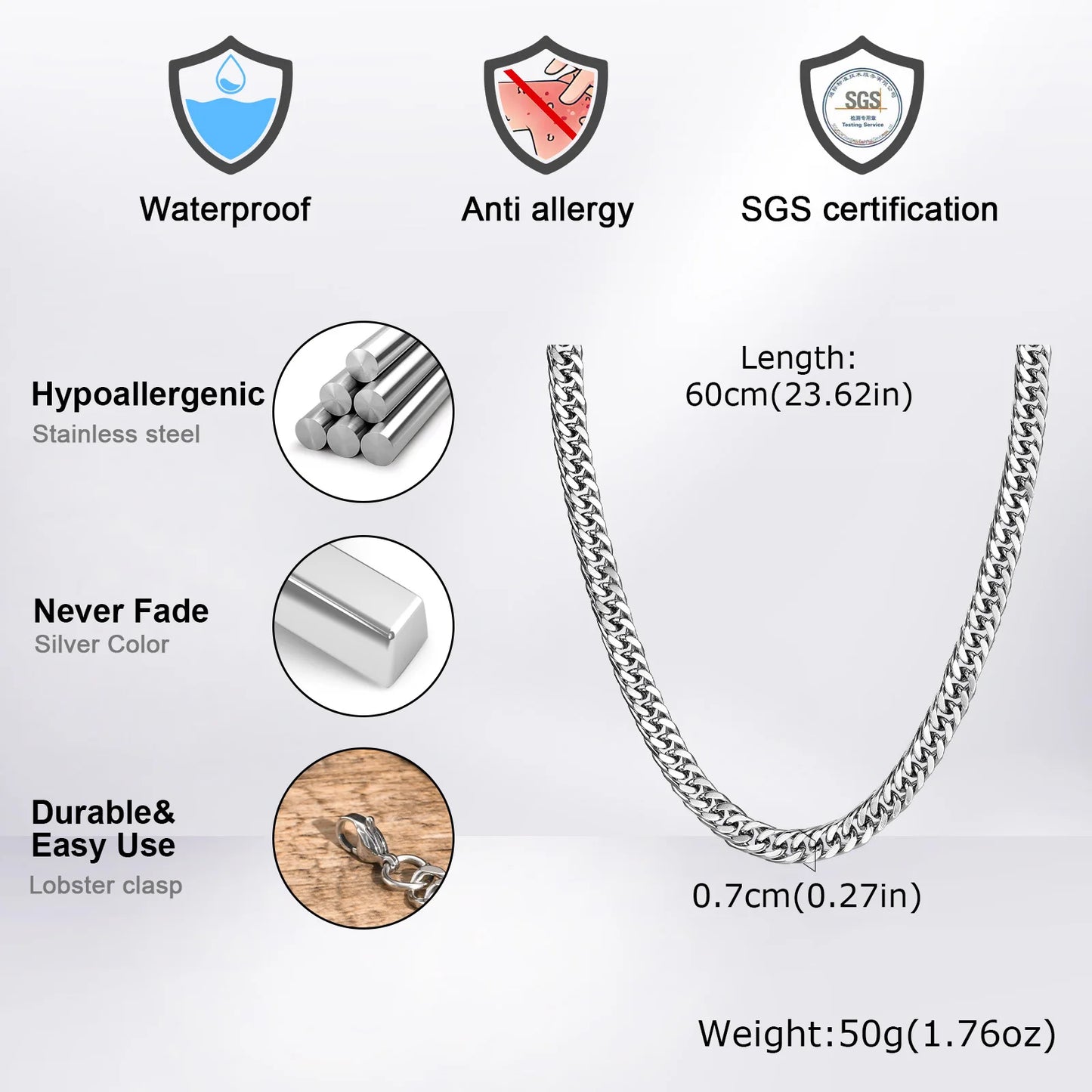 3/5/7/9mm Chunky Cuban Chain Necklaces for Men Boys,Waterproof Stainless Steel Silver Color Chain,Hip Hop Classic Jewelry Gift