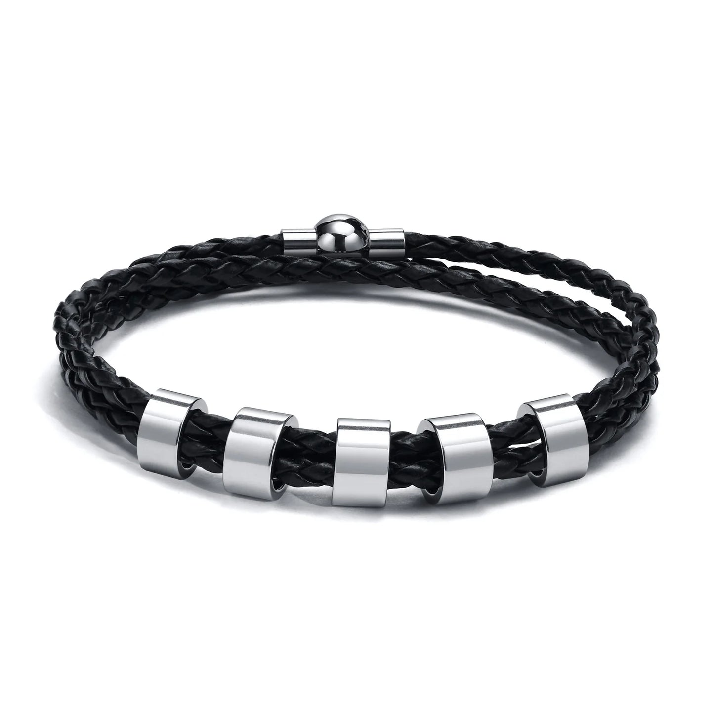 Vnox Free Custom Name Mens Braided Genuine Leather Bracelet Gifts Jewelry,Stainless Steel Beads Charm with Family Names,Dad Gift