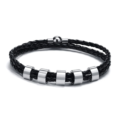 Vnox Free Custom Name Mens Braided Genuine Leather Bracelet Gifts Jewelry,Stainless Steel Beads Charm with Family Names,Dad Gift