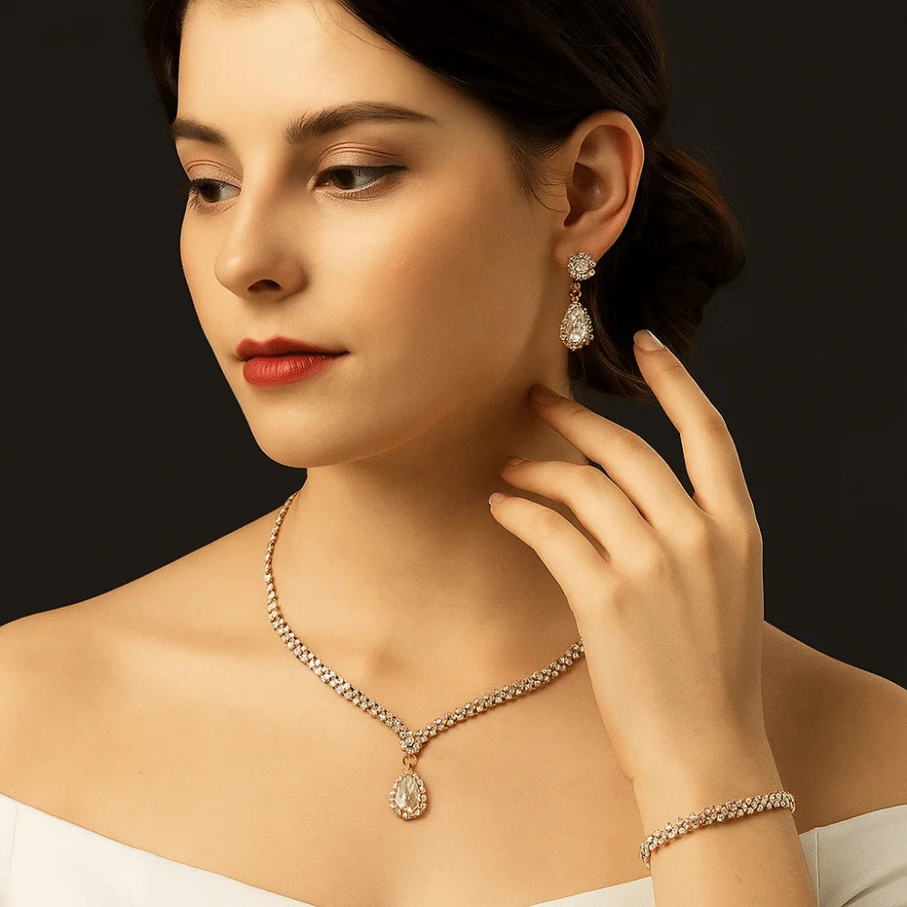 Vintage Luxury Bridal Jewelry Set Elegant Exquisite Necklace Earring Set Temperament Zircon Rhinestone Bracelet Wedding
