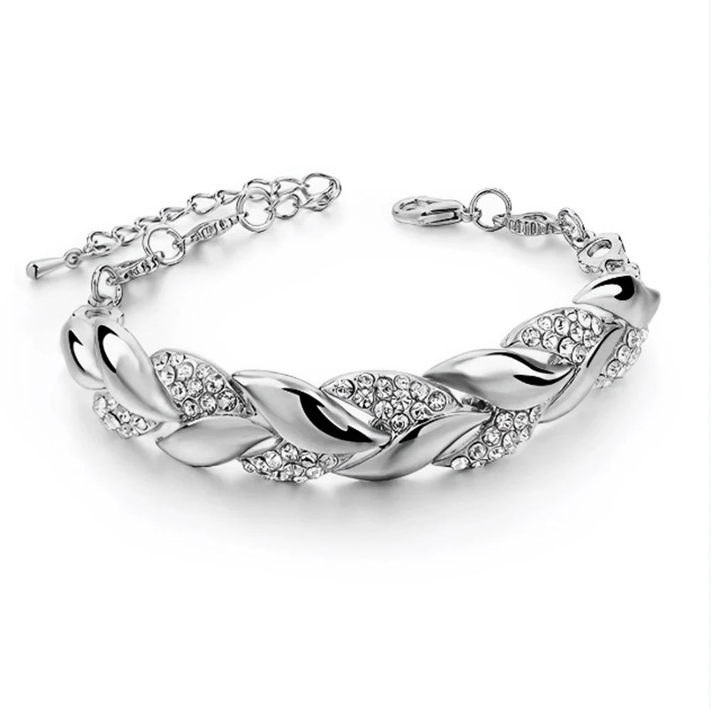 Luxury Braided Leaf Bracelet with Crystal Charm - Elegant Gift for Women | Wedding, Anniversary & Valentine's Day Jewelry