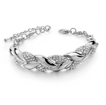 Luxury Braided Leaf Bracelet with Crystal Charm - Elegant Gift for Women | Wedding, Anniversary & Valentine's Day Jewelry