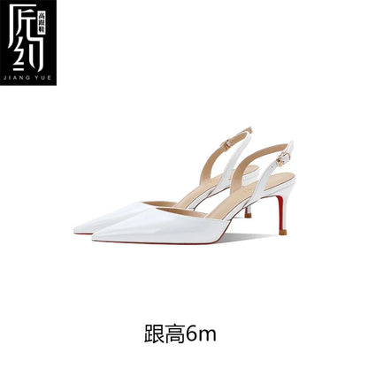 White patent leather toe back empty strap sandals for women, pointed thin heels, shallow mouth, high heels, single shoes