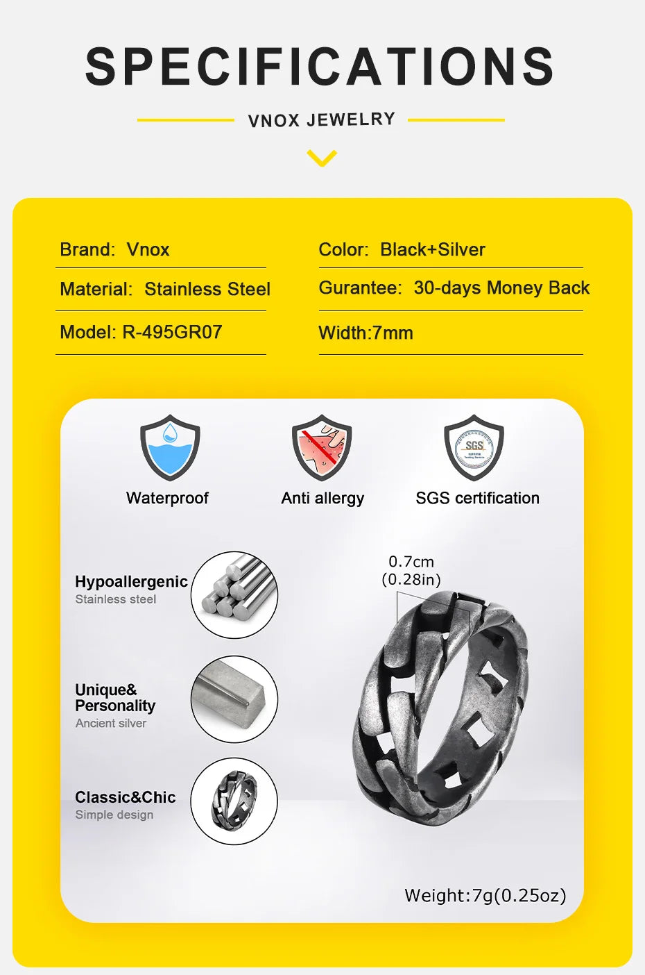 Vnox Men Vintage Oxidized Stainless Steel Rings, Links Shaped Finger Band, Punk Rock Male Alliance