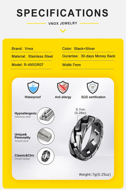 Vnox Men Vintage Oxidized Stainless Steel Rings, Links Shaped Finger Band, Punk Rock Male Alliance
