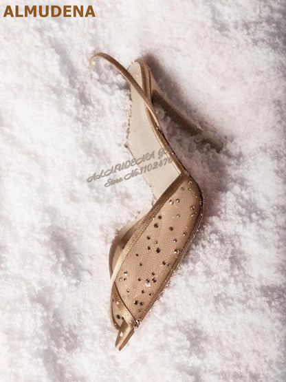 ALMUDENA Lace Flowers Mesh Crystal Sandals Stiletto Heel Pointed Toe Bling Bling Rhinestone Slingback Wedding Shoes Floral Pumps