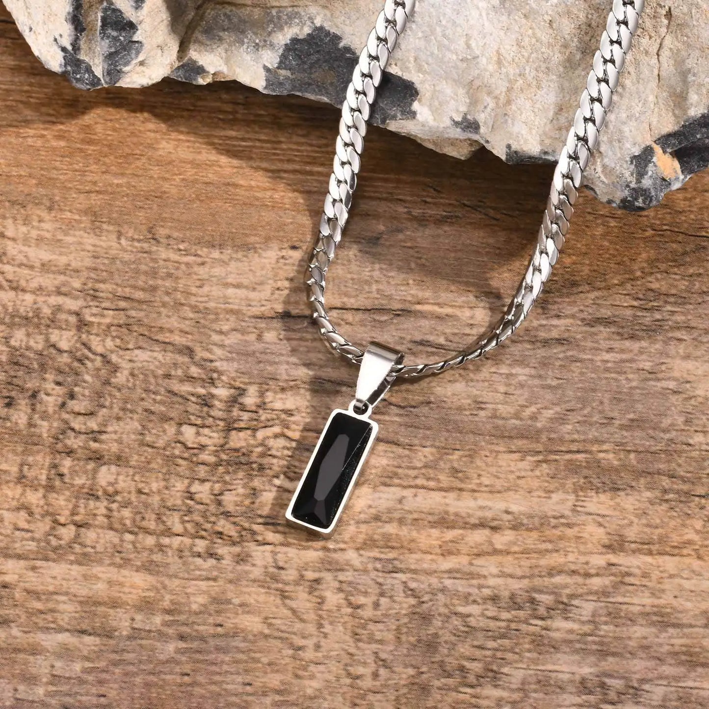 Stylish Mens Geometric Stone Pendent Necklaces,Stainless Steel Flat Cuban Chain Collars,Hip Hop Jewelry Gifts for Him Boys