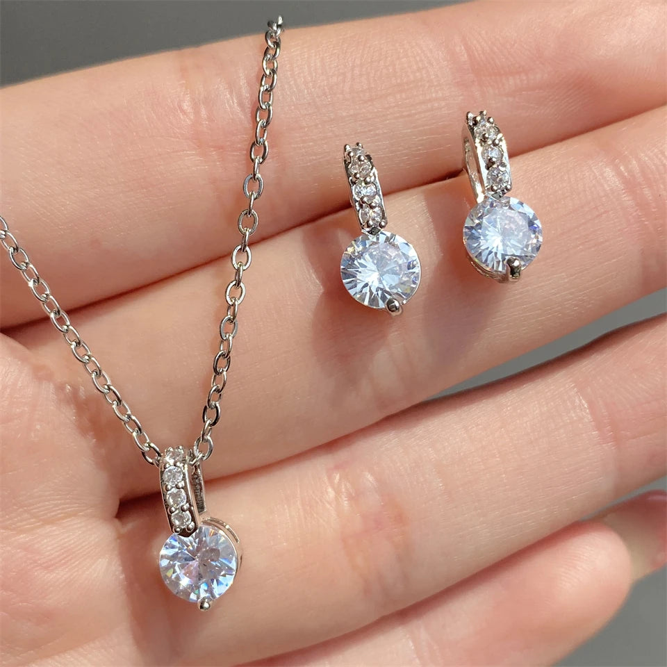 Elegant Bridal Wedding Jewelry Sets Female Round Clear Crystal Zirconia Pendant Necklace Earrings Party Jewellery for Women