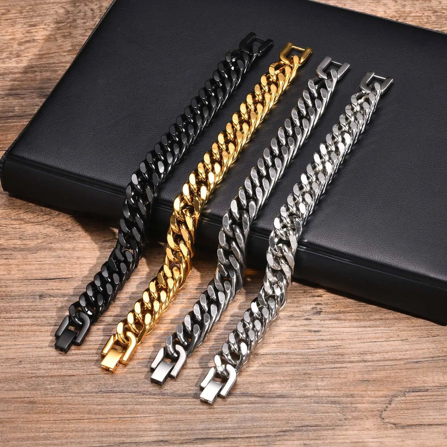 Man Chunky Cuban Chain Bracelet,Stainless Steel Gold Silver Black Retro Color Miami Curb Link Wristband Gift,8/10/12/15MM Width