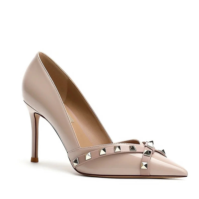 Metal Rivet Corss Tied High Heel Pumps Pointed Toe Thick Heel Matte Leather New Arrivals Fashion Women Modern Shoes