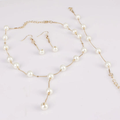 4pcs Gold-color Necklace Earring Bracelet Set Ladies Elegant Imitation-Pearls Collection Temperament Tassel Jewelry