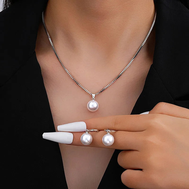 New Round Pearl Jewelry Set Of Earring Pendant Necklace For Women Exquisite Fashion Wedding Jewelry Set Gift