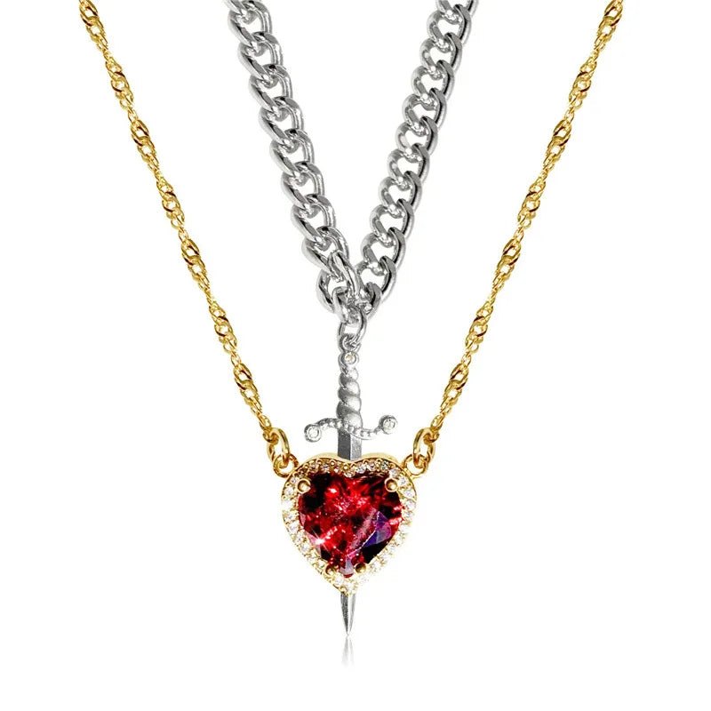 Heart and Sword Necklace Couple Necklaces Zircon Crystal Ring Bracelet Necklace Jewelry Set for Romantic Valentine's Day Gifts