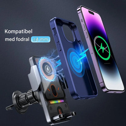 Car Air Vent Electric Rotating Opening Closing Phone Holder Fast Charging 15W Wireless Charger Dua l Coil RGB Light Smart Phones