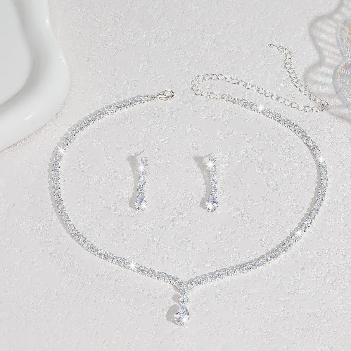 Cross-Border Jewelry, Women'S Fashion Water Drop Crystal Zircon Necklace Earrings Set, Bride Wedding Dress Accessories