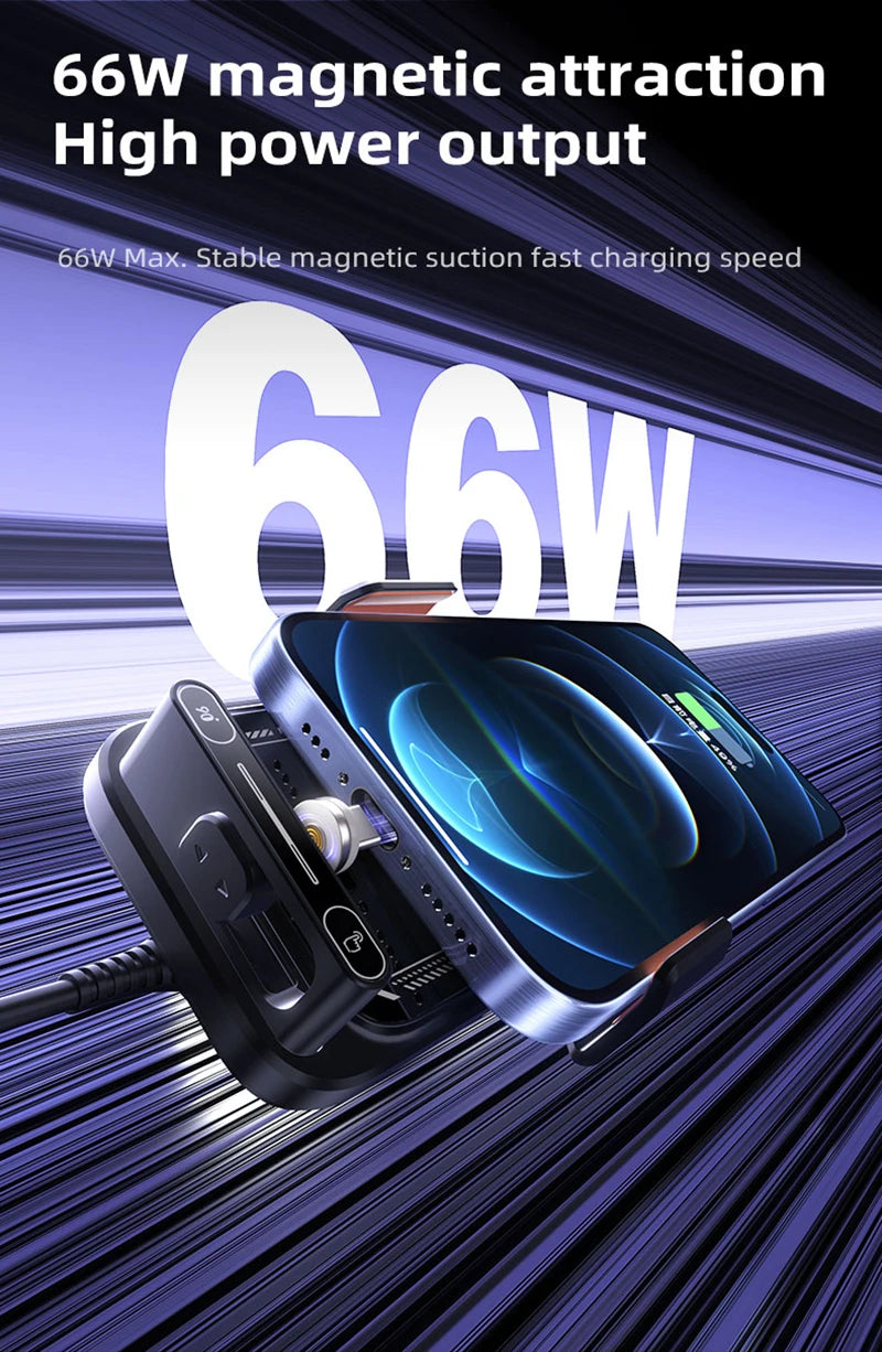 Car Phone Charger Phone Holder 66W Wireless & Wired Charger Auto Sensing One-Touch Release and Rotation Qi FCC ROHS Certified