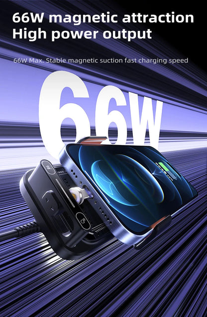 Car Phone Charger Phone Holder 66W Wireless & Wired Charger Auto Sensing One-Touch Release and Rotation Qi FCC ROHS Certified