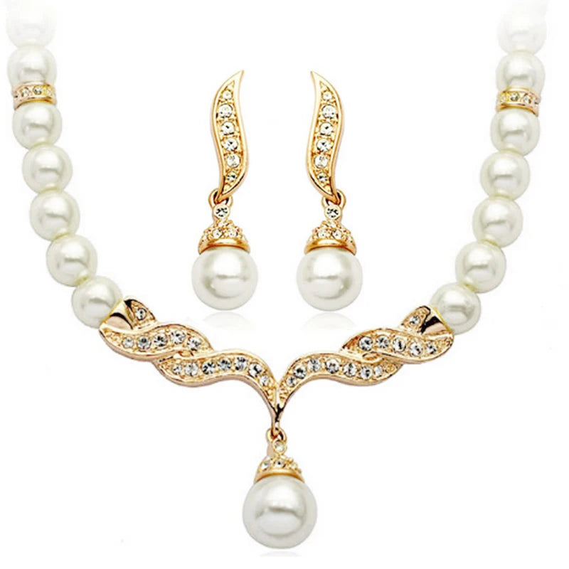 Elegant Necklace Earrings Women Fashion Jewelry Set Faux Pearl Bridal Wedding Alloy Party Studs Necklace Earrings Set