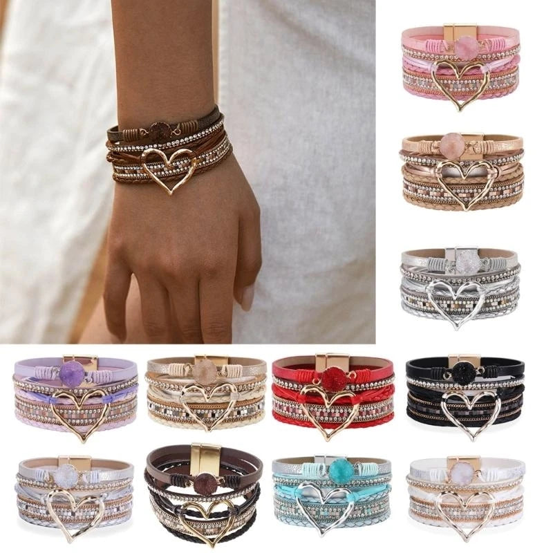 Bracelet for Women Bohomian Leather Wrap Multi-Layer Heart Bracelet Bangle Jewelry Gift Fashionable Wrist Accessory