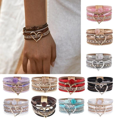 Bracelet for Women Bohomian Leather Wrap Multi-Layer Heart Bracelet Bangle Jewelry Gift Fashionable Wrist Accessory