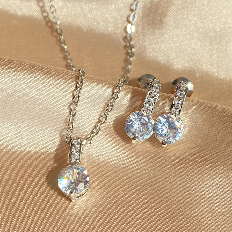 Elegant Bridal Wedding Jewelry Sets Female Round Clear Crystal Zirconia Pendant Necklace Earrings Party Jewellery for Women