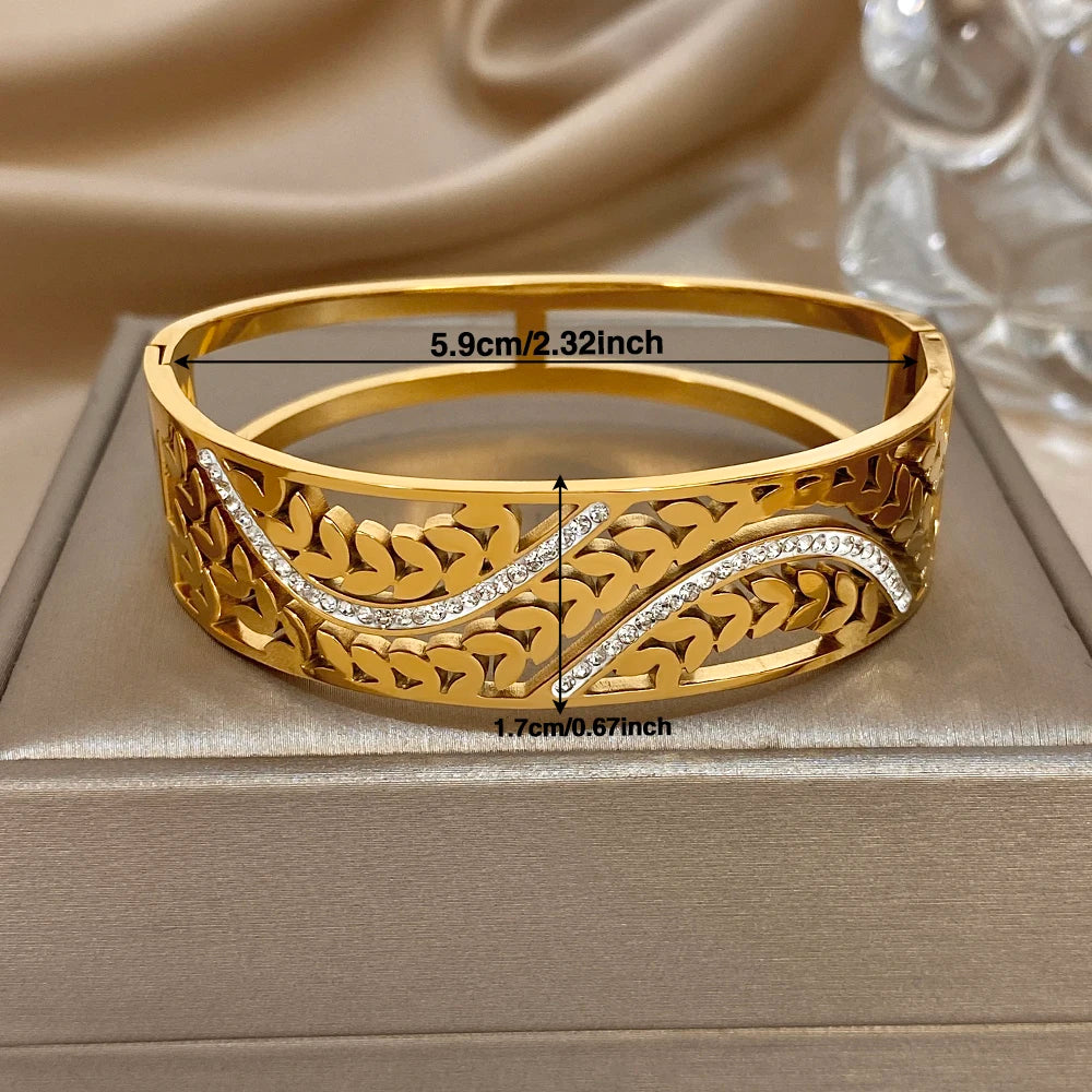 Greatera Wide Bracelet Half a Circle of Hollowed-out Entwined Branches White Rhinestone Chunky Stainless Steel Women's Bangles