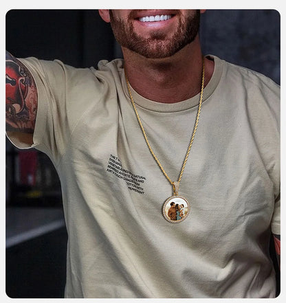 Vnox Free Custom Round Photo Frame Necklaces Gift for Women Men,Big Coin Pendant Zircon Stone Circle,Family Picture Gift to Dad