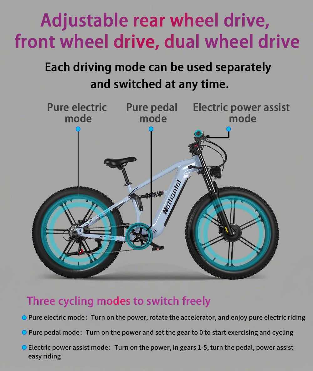 Nathaniel SYR09 adult electric bike, Dual motor 2000W,26*4.0Fat tires,48V20Ah,55KM/H, All terrain off-road E-bike