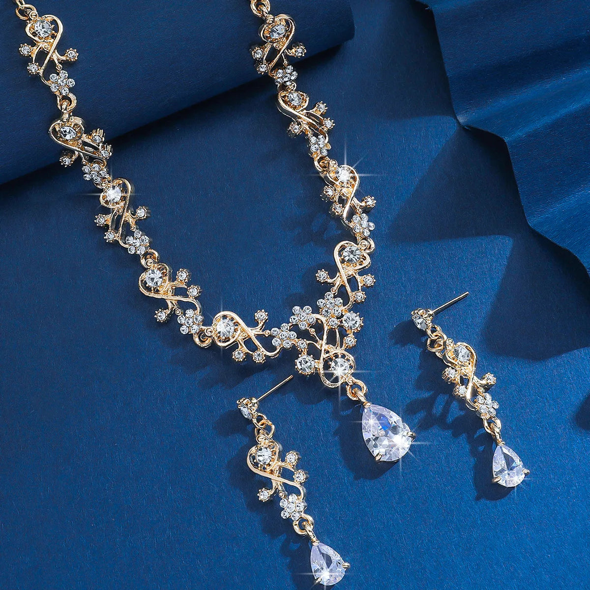 Gold Plated Crystal Jewelry Set for Women - Bridal Party Necklace Earrings Set with Teardrop Pendant