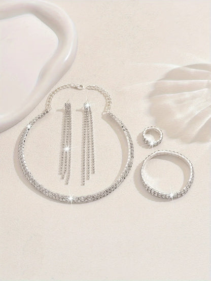 5pcs Luxurious Rhinestone Jewelry Set for Women,Choker, Earrings, Stretch Bracelet & Ring for Weddings, Banquets & Parties