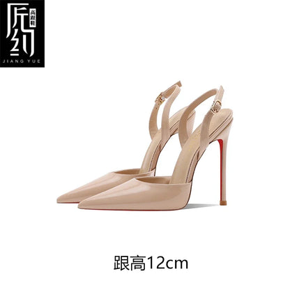 White patent leather toe back empty strap sandals for women, pointed thin heels, shallow mouth, high heels, single shoes