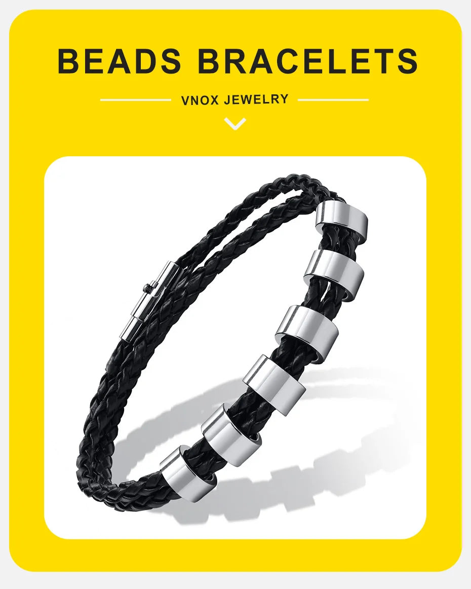 Vnox Free Custom Name Mens Braided Genuine Leather Bracelet Gifts Jewelry,Stainless Steel Beads Charm with Family Names,Dad Gift