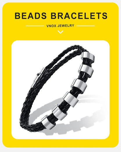 Vnox Free Custom Name Mens Braided Genuine Leather Bracelet Gifts Jewelry,Stainless Steel Beads Charm with Family Names,Dad Gift
