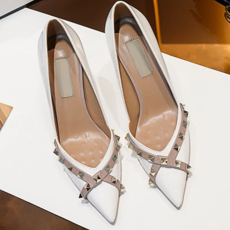 Metal Rivet Corss Tied High Heel Pumps Pointed Toe Thick Heel Matte Leather New Arrivals Fashion Women Modern Shoes