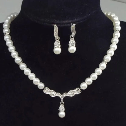 Elegant Necklace Earrings Women Fashion Jewelry Set Faux Pearl Bridal Wedding Alloy Party Studs Necklace Earrings Set