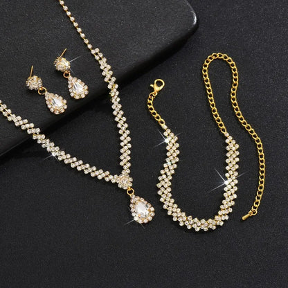 Vintage Luxury Bridal Jewelry Set Elegant Exquisite Necklace Earring Set Temperament Zircon Rhinestone Bracelet Wedding