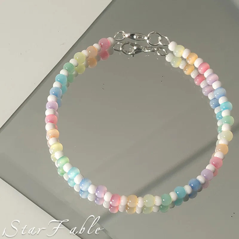 Fresh and Sweet Rainbow Colored Bead Bracelet with Cat's Eye and Rice Bead Design Niche and Versatile Bracelet Accessory Браслет