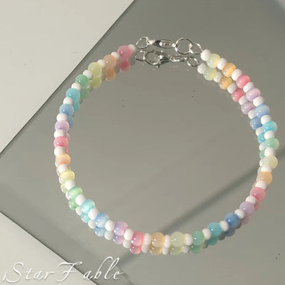 Fresh and Sweet Rainbow Colored Bead Bracelet with Cat's Eye and Rice Bead Design Niche and Versatile Bracelet Accessory Браслет