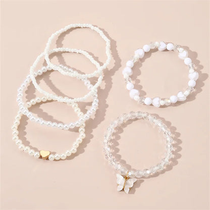European and American Bracelet Simple Design Sweet Cute Pearl Love Beaded Butterfly Pendant Bracelet 6 Pieces suit