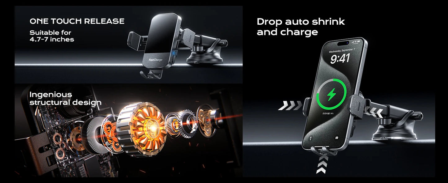 Wireless Car Charger, 2025 Upgrade 15W Fast Charging Auto Clamping Car Phone Holder Charger, Phone Holders for car Mount